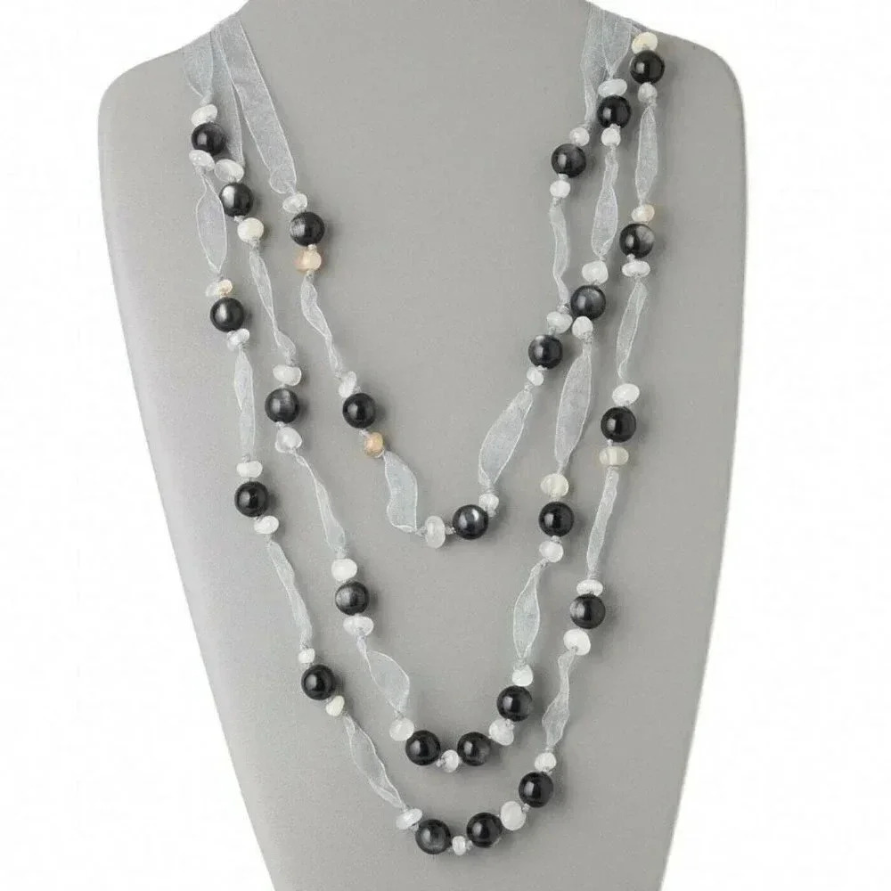 Handcrafted White Agate Gemstone Black Beads Organza Ribbon 3 Strand Necklace